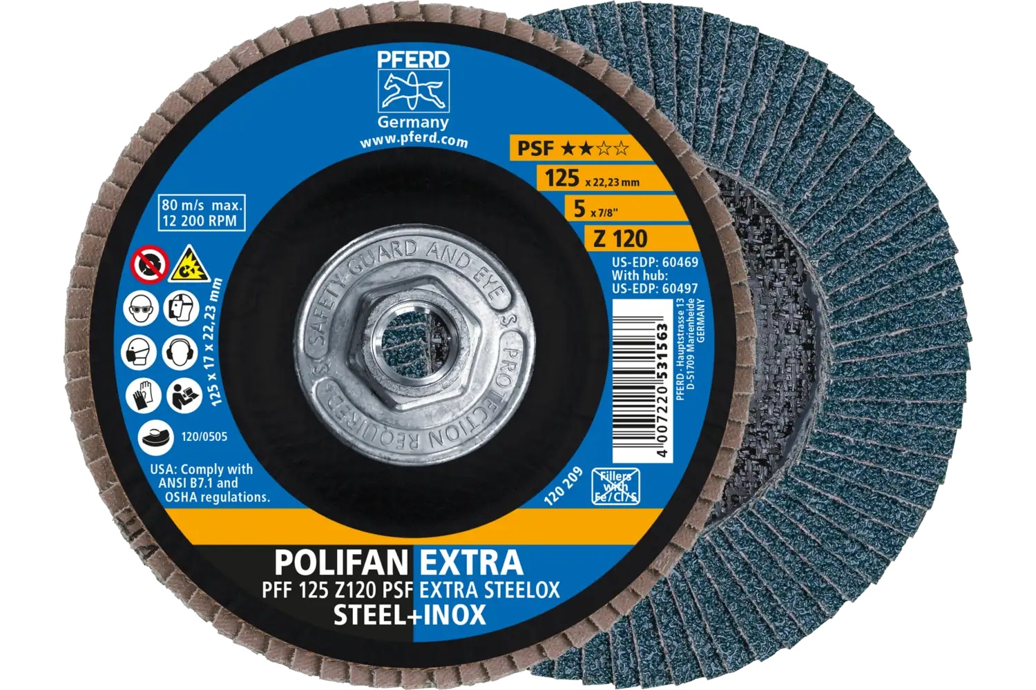 Picture of Pferd Flap Disc, 5" x 5/8-11, Z PSF Extra Steelox, 120 Grit, T27, Flat, Zirconia